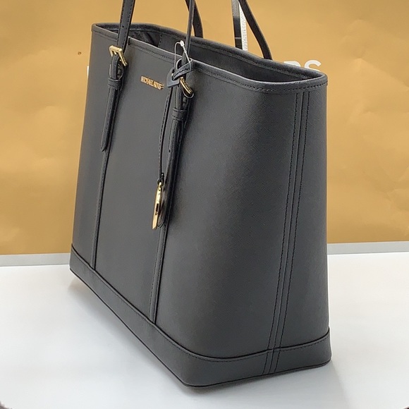 MICHAEL KORS BLACK COLOR JET SET TRAVEL LARGE SAFFIANO LEATHER TOTE BAG - Picture 5 of 13